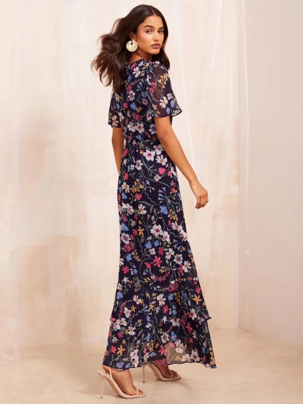 NWOT [Parker] Navy Floral Belted Wrap V Flutter High Low Maxi Dress | Medium